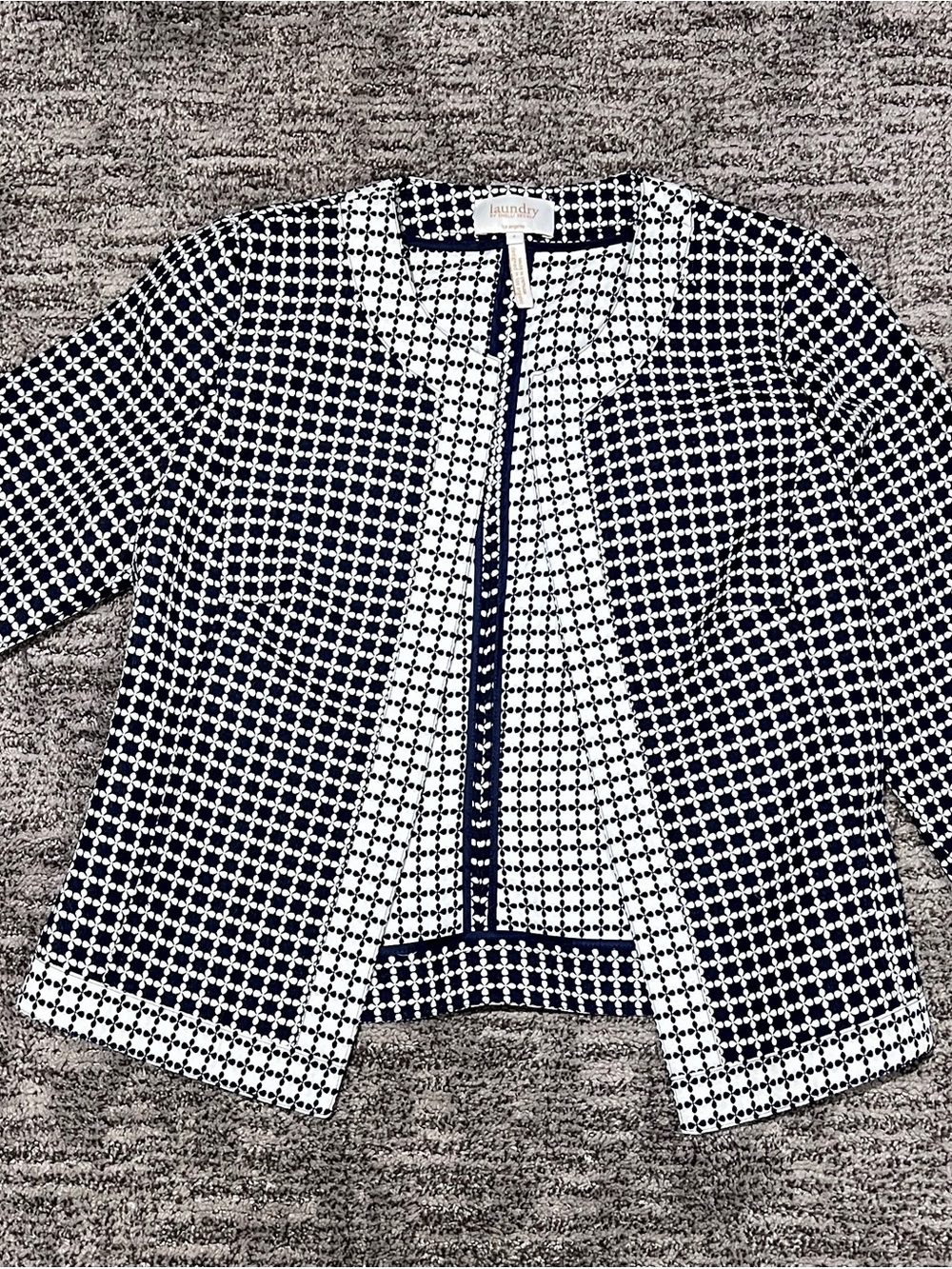 Laundry By Shelli Segal Navy and White Geo-Print Open Front Jacket